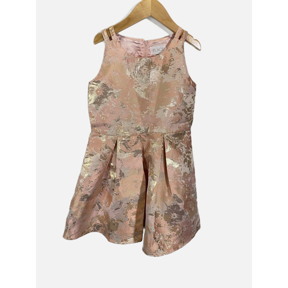 The Childrens Place Dress Girls 6X/7 Pink Gold Metallic Jacquard Party Holiday